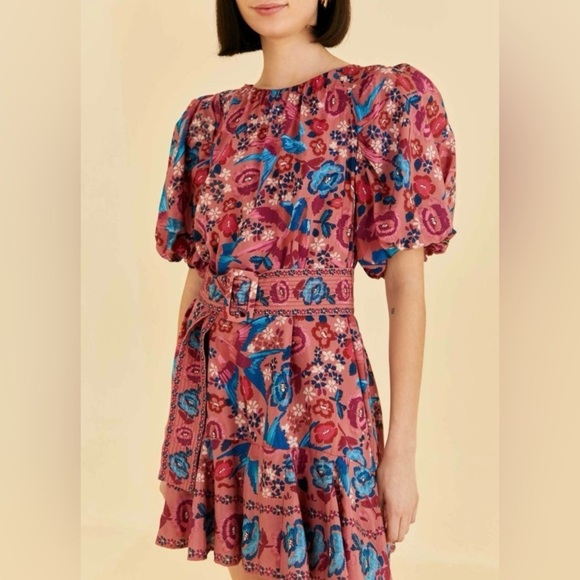 Farm Rio Floral Belted Birds Puff-Sleeve Mini Dress In Blush Sz xxs $210 - Picture 3 of 6
